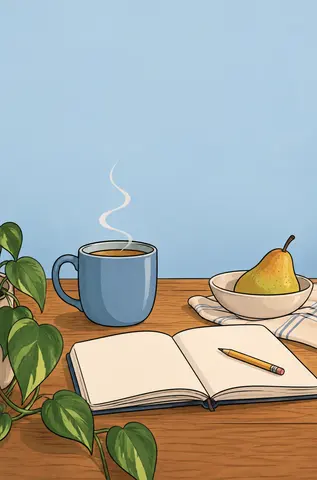 A cozy morning still life seen from the front at table height: a steaming blue mug of tea, an open journal with a pencil, and a small bowl…