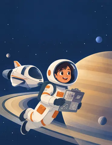 Eleven-year-old Kit floats beside a small spacecraft, holding a puzzle-covered mission clipboard with a delighted expression. Kit, the spa…