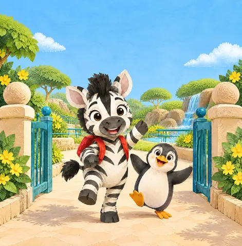 Zuri beams beside a penguin at the zoo's low teal entrance gates. Both fill the lower frame, leaving the upper third open sky.