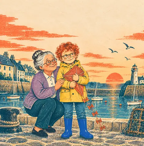 Léo holds his recovered red kite against his yellow raincoat. Mamie Rose crouches beside him on the harbor wall, smiling; small boats sit…