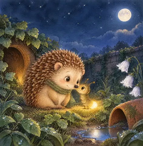 Pip bends nose-to-nose with glowing Luma beside his hedge doorway, both large in the frame and smiling tentatively. Dewy clover cups them…