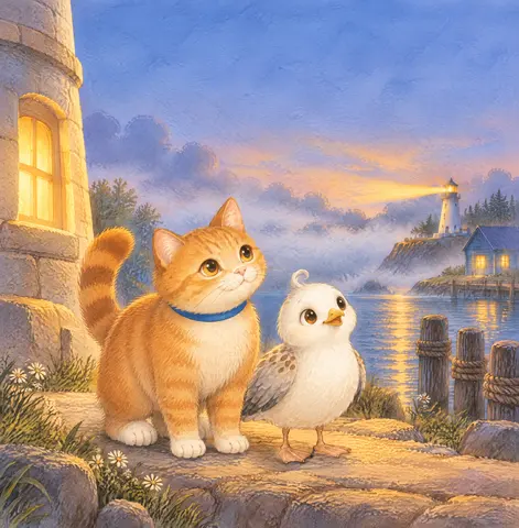 Biscuit stands beside Pip beneath the lighthouse's glowing lower window. Their hopeful faces fill the foreground beneath open upper-third…