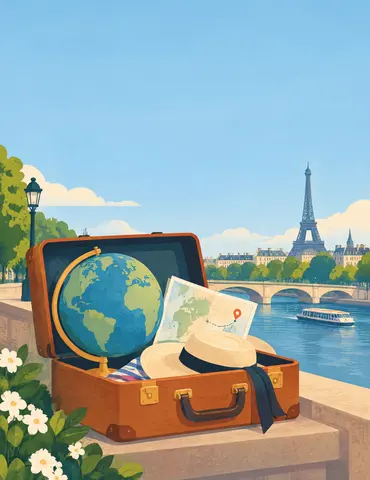 An open suitcase holds a globe, a folded map, and a sunhat beside a Paris riverside parapet, filling the lower foreground. A low, distant…