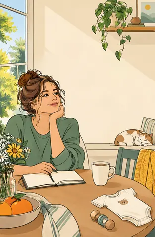 Au premier plan, une mère assise à la table de la cuisine pose sa main près d’un carnet ouvert, avec un sourire discret. Une tasse et un p…