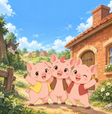 Les trois petits cochons se serrent devant leur maison de briques. Leurs visages expressifs occupent largement le cadre ; le loup guette s…