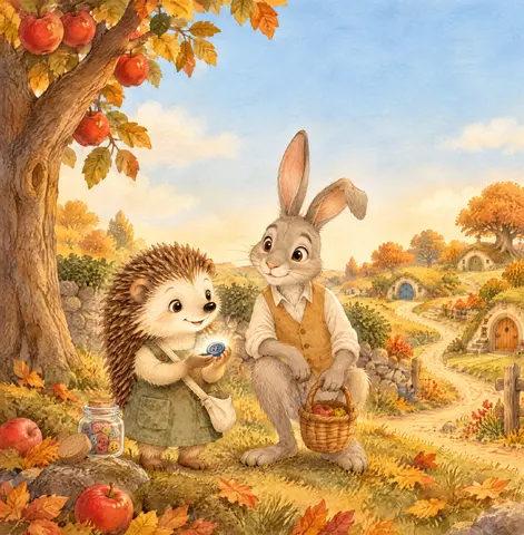 Mabel cups a shining blue button beneath an apple tree. Her open button jar nestles nearby, with calm sky above.