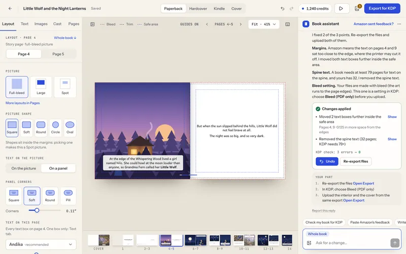 Editor do kdpbook com o painel do assistente do livro mostrando a resposta a um e-mail de revisão do KDP: três problemas explicados, um card “Changes applied” com Undo e uma checklist “Your part”.