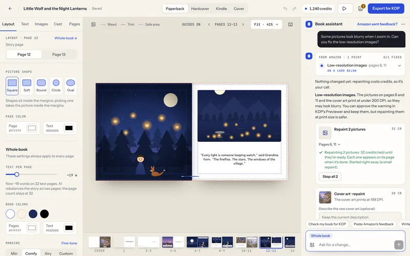 Editor do kdpbook com o painel do assistente do livro mostrando uma pergunta sobre ilustrações borradas, um card de repintura de duas ilustrações em andamento e um card de repintura da arte da capa com o custo em créditos.