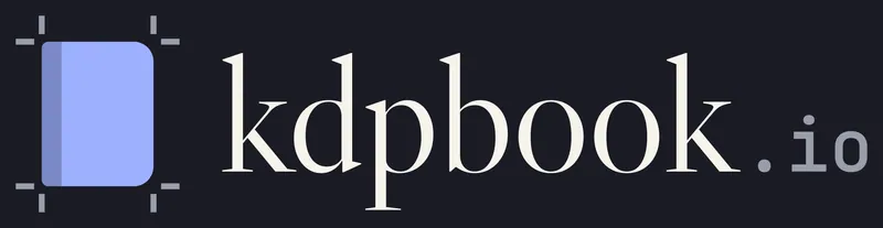 Logotipo do kdpbook.io: um ícone azul de livro emoldurado por quatro pequenas marcas de corte, seguido da palavra kdpbook em uma fonte serifada e de um pequeno .io.