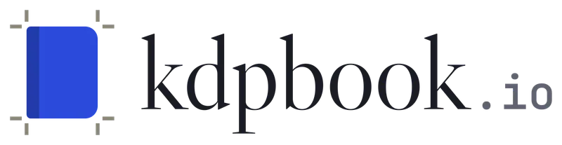 Logotipo do kdpbook.io: um ícone azul de livro emoldurado por quatro pequenas marcas de corte, seguido da palavra kdpbook em uma fonte serifada e de um pequeno .io.