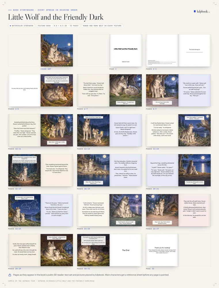 Grade de 18 miniaturas com os rótulos Cover art, Page 1, de Pages 2–3 a Pages 30–31 e Page 32: ilustrações em aquarela de um lobinho e sua mãe à noite, diante de páginas com o texto da história diagramado.