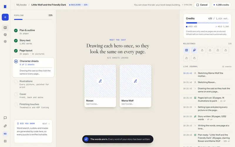 Tela de geração do kdpbook com dois cards de personagem marcados “Sketching” no centro, as etapas de produção à esquerda e o registro à direita.