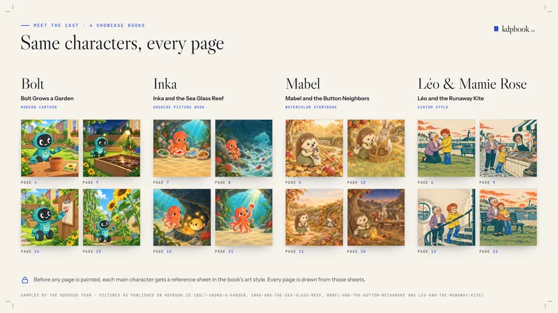 Prancha intitulada “Same characters, every page” com quatro personagens de quatro livros de vitrine do kdpbook, um robô verde-azulado, um polvo laranja, um ouriço de vestido verde e um menino ruivo com a avó, cada um mostrado em quatro páginas numeradas.