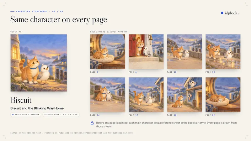 Prancha intitulada “Same character on every page”. À esquerda: a arte de capa de “Biscuit and the Blinking Way Home” e o nome Biscuit. À direita: 8 ilustrações do livro, cada uma com o número da página, mostrando um gato laranja de coleira azul igual em todas as páginas.