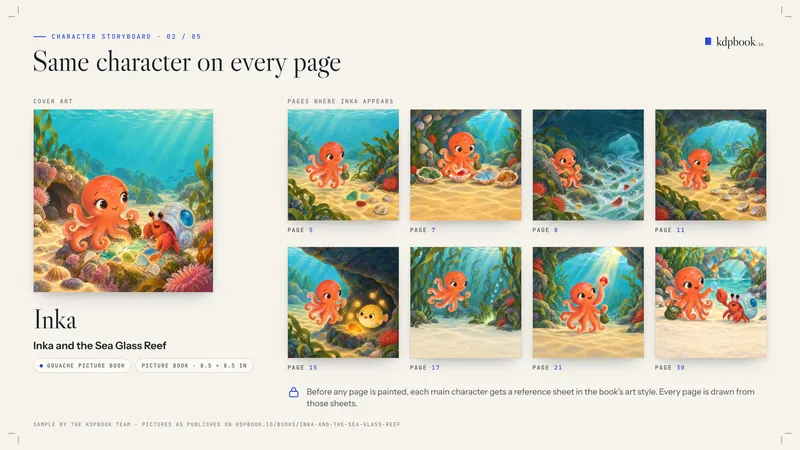 Prancha intitulada “Same character on every page”. À esquerda: a arte de capa de “Inka and the Sea Glass Reef” e o nome Inka. À direita: 8 ilustrações do livro, cada uma com o número da página, mostrando um polvo laranja igual em todas as páginas.