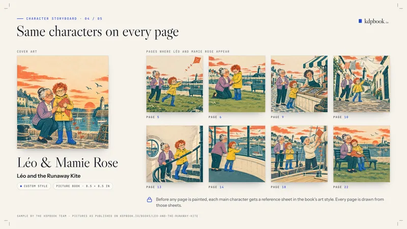 Prancha intitulada “Same characters on every page”. À esquerda: a arte de capa de “Léo and the Runaway Kite” e o nome Léo and Mamie Rose. À direita: 8 ilustrações do livro, cada uma com o número da página, mostrando um menino ruivo de capa de chuva amarela e a avó de cabelos grisalhos e cardigã roxo iguais em todas as páginas.