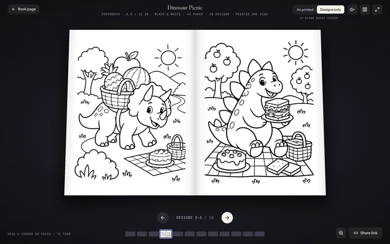 Duas páginas de colorir em preto e branco com dinossauros de cartum fazendo um piquenique, mostradas como um livro aberto sobre fundo escuro.