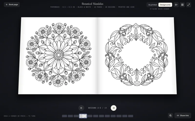 Duas páginas de colorir em preto e branco com mandalas florais, mostradas como um livro aberto sobre fundo escuro.