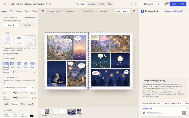 Editor do kdpbook mostrando uma página dupla de quadrinhos com quadros ilustrados, balões de fala e caixas de legenda.
