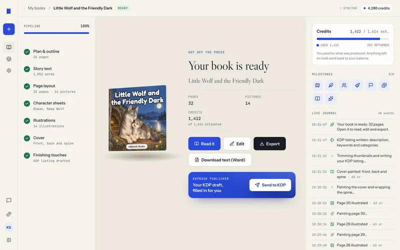 Tela de geração do kdpbook com a mensagem “Your book is ready”, uma capa 3D de livro ilustrado infantil, estatísticas e botões para ler, editar e exportar.