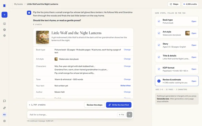 Chat de planejamento do kdpbook com uma resposta do assistente que faz uma pergunta, depois um card do plano listando as configurações do livro com links Change, e uma barra com a estimativa de créditos e dois botões.