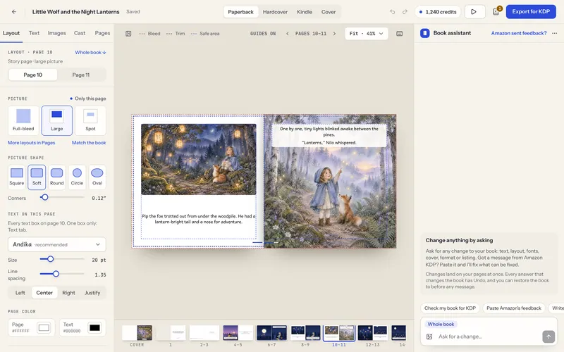 Editor de páginas do kdpbook mostrando uma página dupla ilustrada de livro infantil com linhas tracejadas das guias de sangria, corte e área de segurança, um painel de diagramação à esquerda e o assistente do livro à direita.