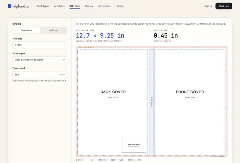 Calculadora de tamanho de capa do KDP do kdpbook.io com campos de entrada à esquerda e, à direita, um modelo de capa completa com quarta capa, lombada, capa e área do código de barras.