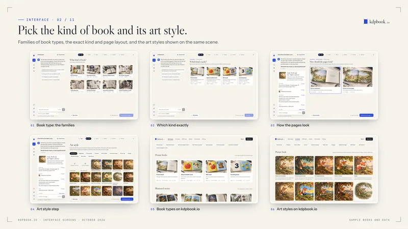 Prancha com 6 capturas de tela da interface do kdpbook em molduras claras sobre fundo de papel, sob o título “Pick the kind of book and its art style.”