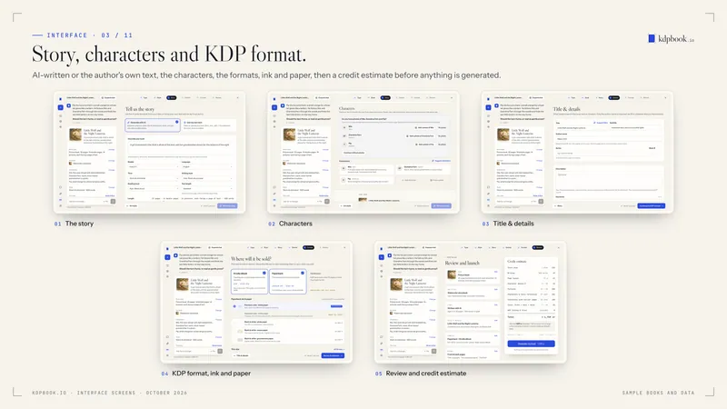 Prancha com 5 capturas de tela da interface do kdpbook em molduras claras sobre fundo de papel, sob o título “Story, characters and KDP format.”