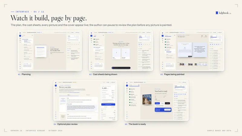 Prancha com 5 capturas de tela da interface do kdpbook em molduras claras sobre fundo de papel, sob o título “Watch it build, page by page.”