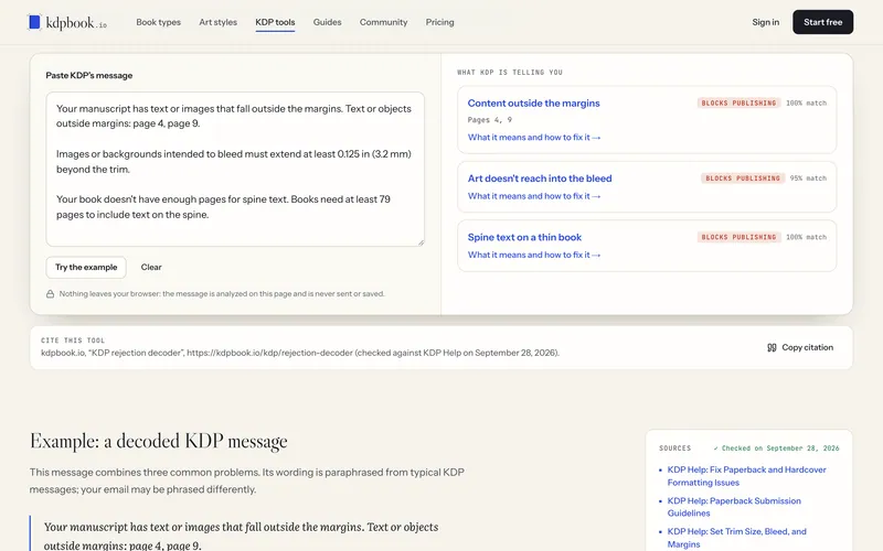 Decodificador de rejeições do kdpbook.io com um e-mail do KDP colado à esquerda e uma lista de problemas decodificados à direita.