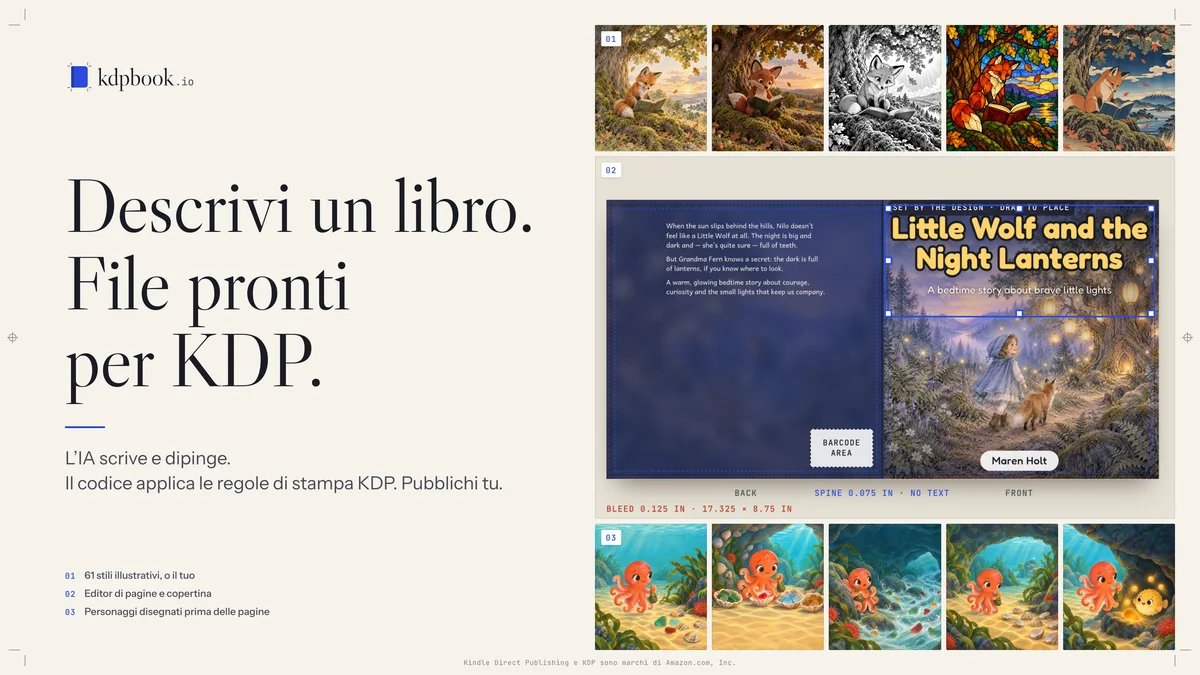 Key visual di kdpbook.io (Italiano): «Descrivi un libro. File pronti per KDP.», con esempi di stili di illustrazione, l’editor della copertina completa e un personaggio disegnato allo stesso modo in ogni pagina.
