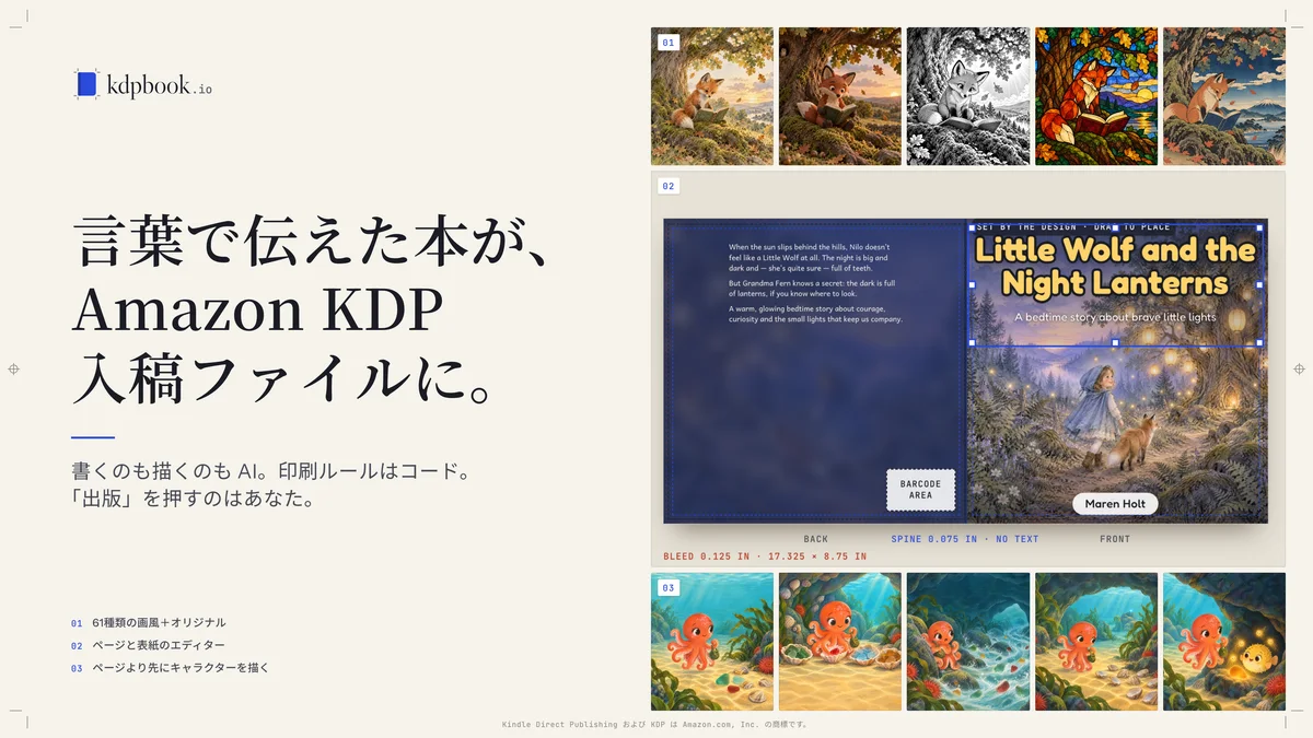 kdpbook.io のキービジュアル(日本語):「言葉で伝えた本が、Amazon KDP 入稿ファイルに。」。イラストスタイルのサンプル、表紙全体のエディター、どのページでも同じように描かれたキャラクターを配置。
