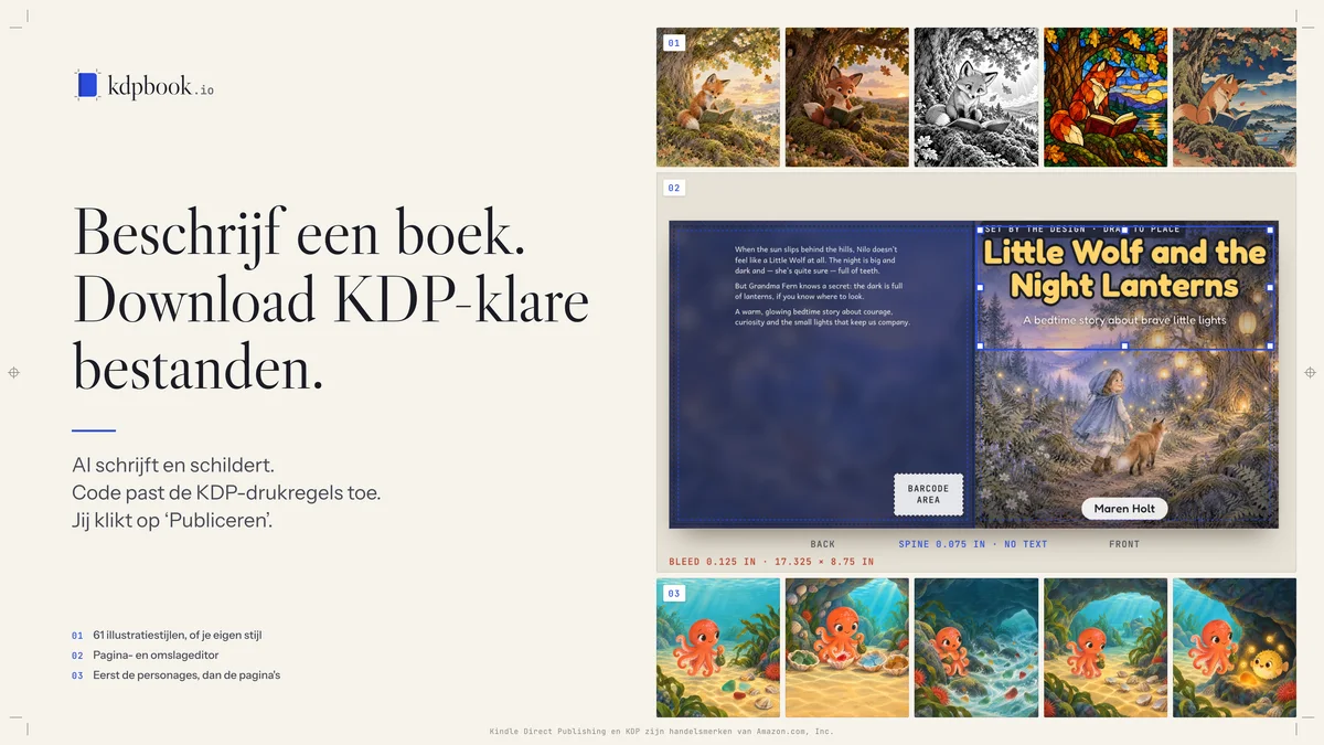 Key visual van kdpbook.io in het Nederlands: ‘Beschrijf een boek. Download KDP-klare bestanden.’, met voorbeelden van illustratiestijlen, de editor voor de doorlopende omslag en een personage dat op elke pagina hetzelfde is getekend.