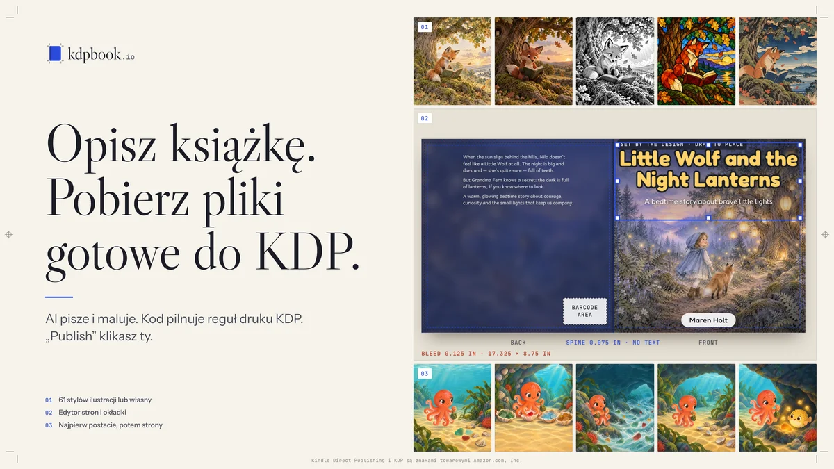 Grafika promocyjna kdpbook.io (Polski): „Opisz książkę. Pobierz pliki gotowe do KDP.”, z próbkami stylów ilustracji, edytorem całej okładki i postacią narysowaną tak samo na każdej stronie.
