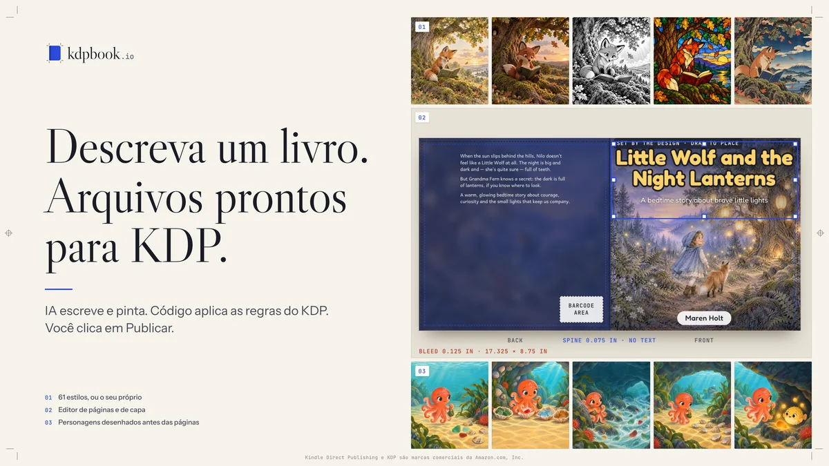 Key visual do kdpbook.io, edição Português (Brasil): “Descreva um livro. Arquivos prontos para KDP.”, com amostras de estilos de ilustração, o editor de capa completa e um personagem desenhado do mesmo jeito em todas as páginas.