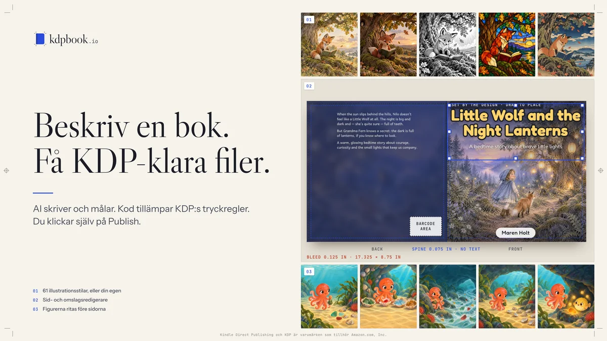 Kampanjbild för kdpbook.io (Svenska): ”Beskriv en bok. Få KDP-klara filer.”, med exempel på illustrationsstilar, redigeraren för omslaget i ett stycke och en figur som ritas likadant på varje sida.