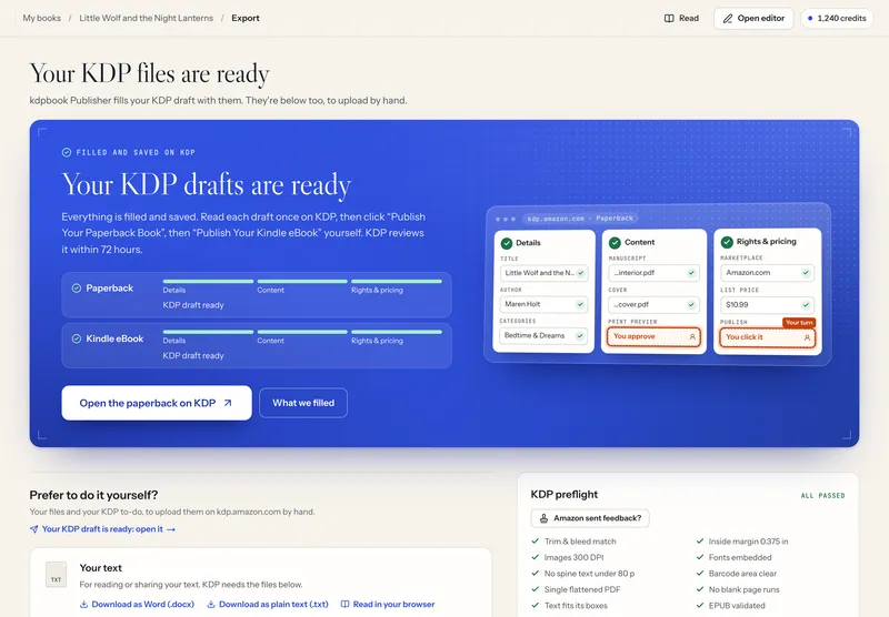 Página de exportação do kdpbook com um painel azul intitulado “Your KDP drafts are ready”, dois formatos marcados como rascunho pronto e um botão Open the paperback on KDP.