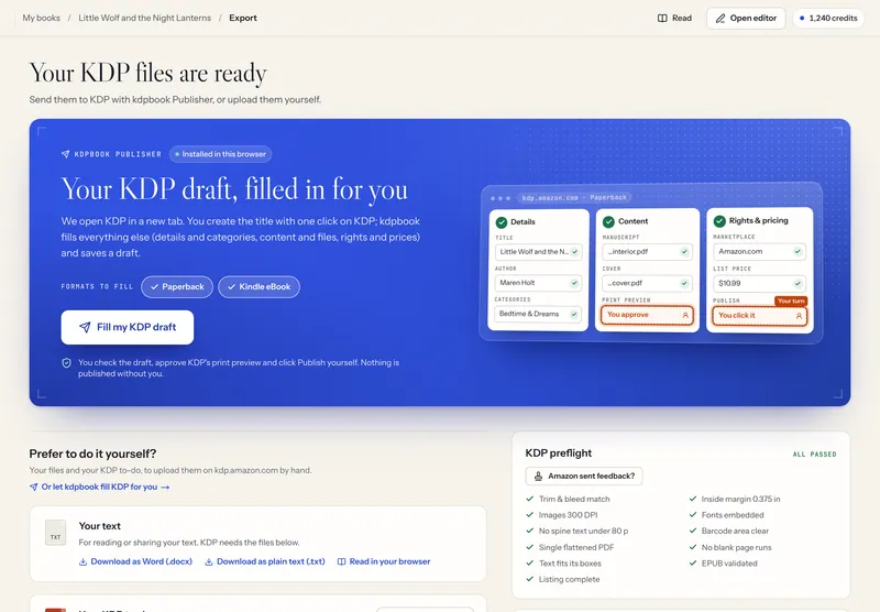 Página de exportação do kdpbook com um painel azul intitulado “Your KDP draft, filled in for you”, um botão Fill my KDP draft e um desenho das três páginas do rascunho do KDP.