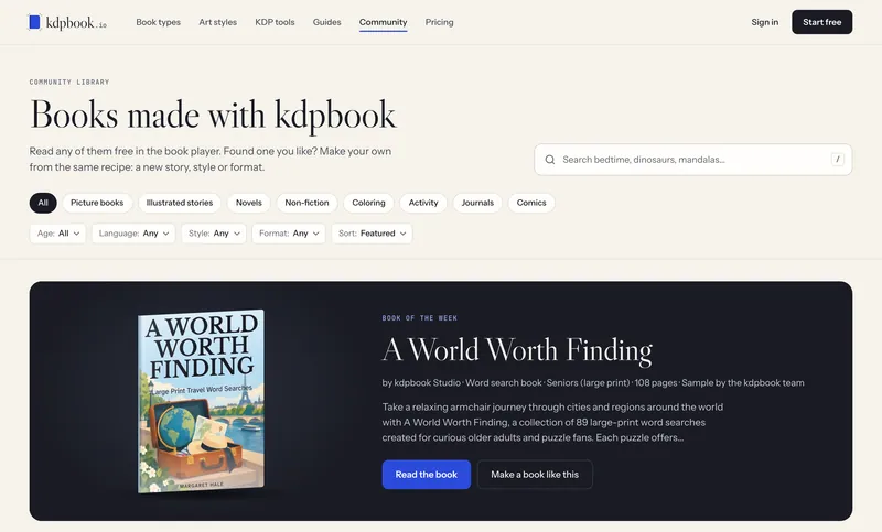 Página da biblioteca da comunidade do kdpbook.io com filtros de categoria e um card de livro em destaque.