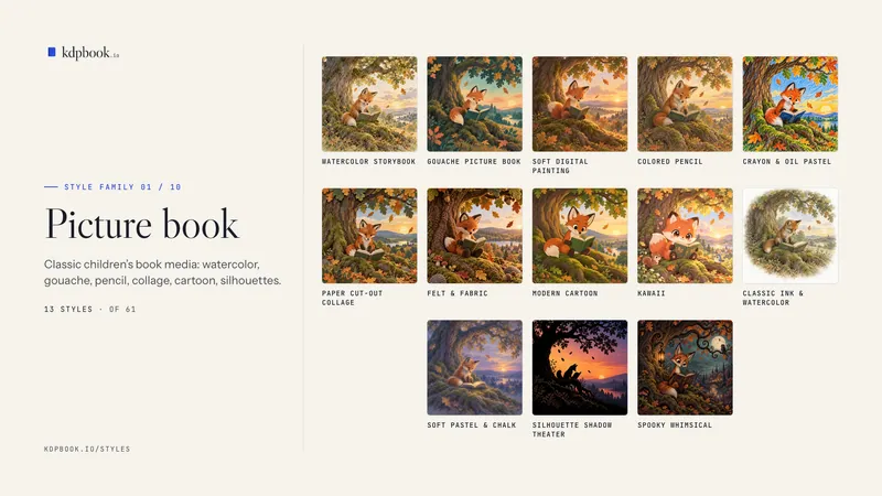 Prancha intitulada “Picture book” com 13 amostras quadradas, cada uma com o nome do estilo, de uma raposa-vermelha lendo sob um carvalho: Watercolor storybook; Gouache picture book; Soft digital painting; Colored pencil; Crayon & oil pastel; Paper cut-out collage; Felt & fabric; Modern cartoon; Kawaii; Classic ink & watercolor; Soft pastel & chalk; Silhouette shadow theater; Spooky whimsical.