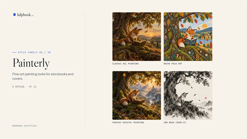 Prancha intitulada “Painterly” com 4 amostras quadradas, cada uma com o nome do estilo, de uma raposa-vermelha lendo sob um carvalho: Classic oil painting; Naive folk art; Fantasy digital painting; Ink wash (sumi-e).