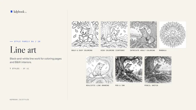 Prancha intitulada “Line art” com 7 amostras quadradas, cada uma com o nome do estilo, de uma raposa-vermelha lendo sob um carvalho: Bold & easy coloring; Kids coloring (cartoon); Intricate adult coloring; Mandala; Realistic line drawing; Pen & ink; Pencil sketch.
