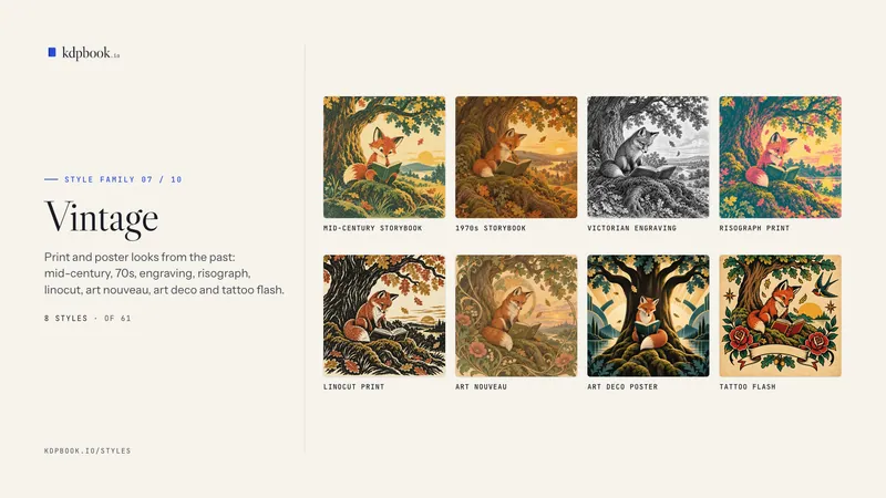 Prancha intitulada “Vintage” com 8 amostras quadradas, cada uma com o nome do estilo, de uma raposa-vermelha lendo sob um carvalho: Mid-century storybook; 1970s storybook; Victorian engraving; Risograph print; Linocut print; Art nouveau; Art deco poster; Tattoo flash.