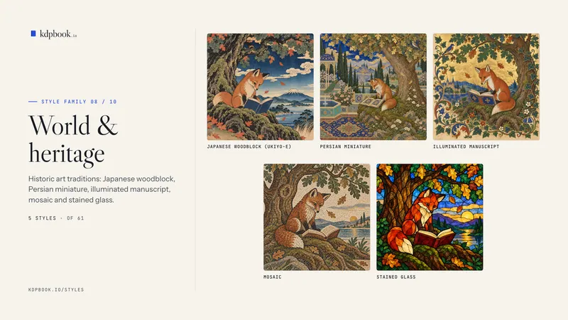 Prancha intitulada “World & heritage” com 5 amostras quadradas, cada uma com o nome do estilo, de uma raposa-vermelha lendo sob um carvalho: Japanese woodblock (ukiyo-e); Persian miniature; Illuminated manuscript; Mosaic; Stained glass.