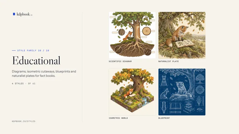 Prancha intitulada “Educational” com 4 amostras quadradas, cada uma com o nome do estilo, de uma raposa-vermelha lendo sob um carvalho: Scientific diagram; Naturalist plate; Isometric world; Blueprint.