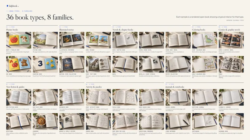 Uma grade de 36 renderizações com aspecto de foto de livros impressos abertos sobre uma mesa de papel (livros cartonados, livros ilustrados infantis, romances, livros de receitas, livros de colorir, de passatempos, diários, quadrinhos e mangás), agrupados sob 8 títulos de família, com o título “36 book types, 8 families.”